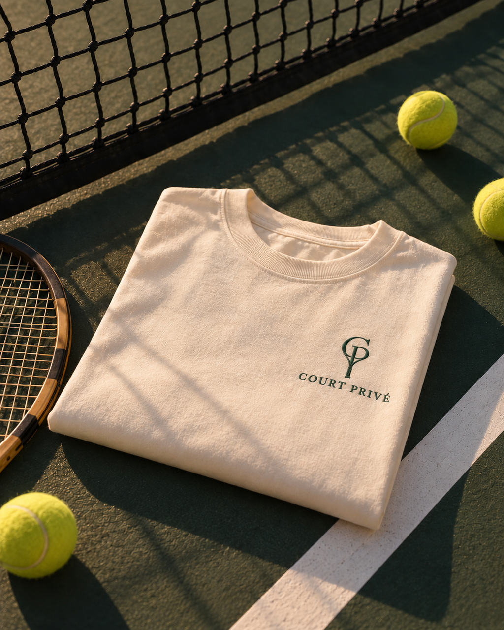 Privé Tee folded on a tennis court
