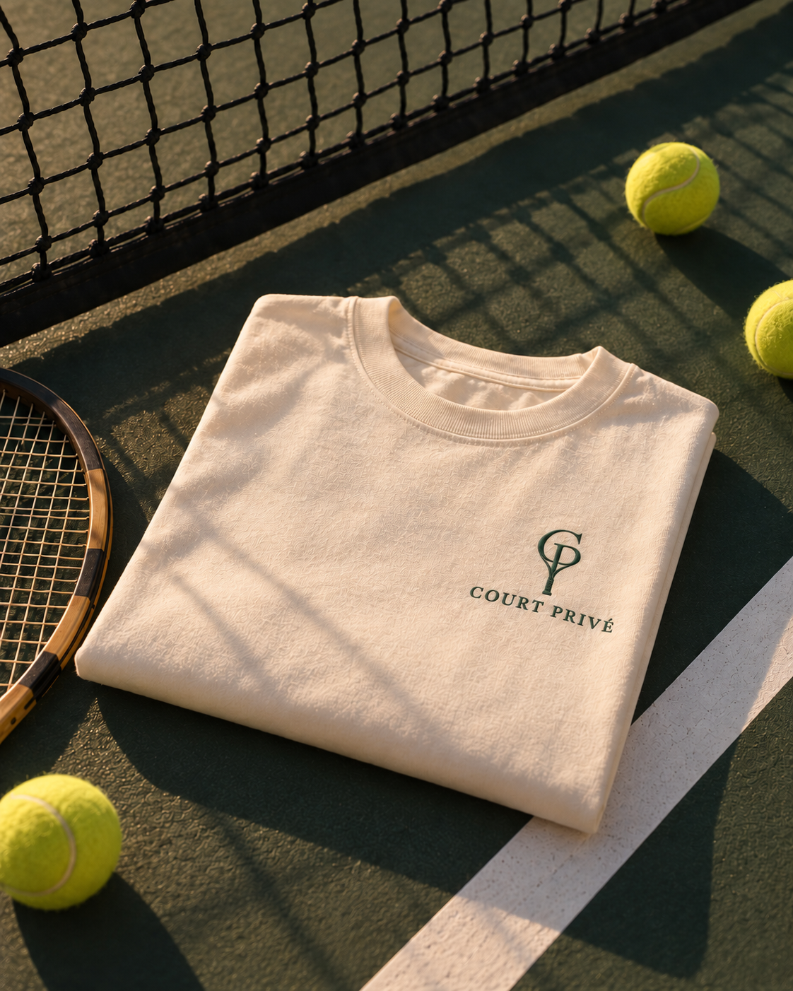 Privé Tee folded on a tennis court